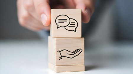 Hand placing wooden cube with speech bubbles on block with hand icon, symbolizing communication, support, and customer interaction.の素材