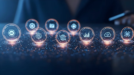 Digital interface with glowing icons for ai, global network, cloud, and data, illustrating modern technology for business growth.の素材