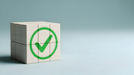 Wooden block cube showing a prominent green checkmark symbol on a light blue background, representing success, approval, and quality.の素材