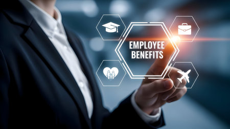 Business professional touching virtual screen showing employee benefits concept, featuring icons like education, career, family, travel.の素材