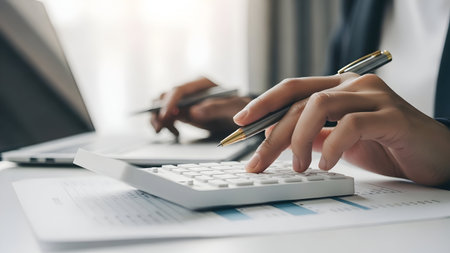 Hands calculating finances with calculator and paperwork on a white deskの素材