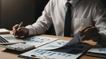Business professional reviewing financial charts and data with a pen in handの素材