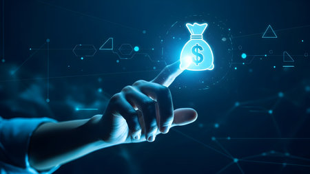 Hand reaching towards a glowing digital perfume bottle in a dark networkの素材