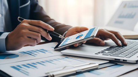 Business professional analyzing financial data on smartphone and laptop indoorsの素材