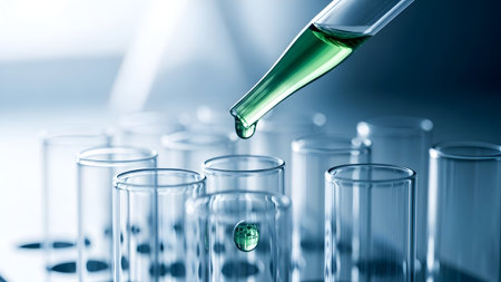 Green liquid dropping from pipette into test tubes in a laboratory settingの素材