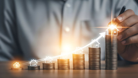 Financial growth concept with stacked coins and a rising graph illustrationの素材