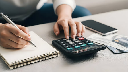 Hands calculating finances with pen and calculator on a modern office deskの素材
