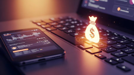 Glowing light bulb illuminating a computer keyboard and dark workspace conceptの素材