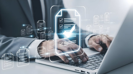 Business professional using laptop with digital interface and data visualization overlayの素材