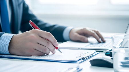 Business professional writing on a clipboard with a pen and using a computerの素材