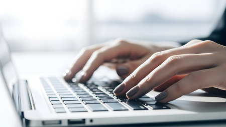 Closeup of a persons hands typing on a modern laptop keyboard, focused on the fingers and keys, bright indoor settingの素材