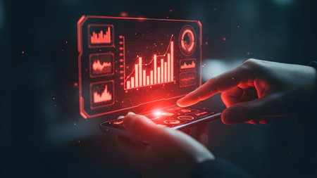 Futuristic digital interface displaying glowing red bar charts and data analytics being interacted with by a persons fingers in a dark setting, representing technology, data science, and business intelligenceの素材