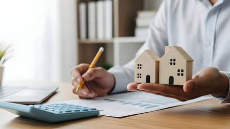 Hands holding miniature houses over financial documents with a calculator symbolizing home investment and property planningの素材