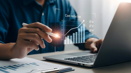Businesswoman analyzing financial data and growth charts on a laptop with a bright office backgroundの素材