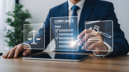Professional in suit using digital interface displaying legal concepts like justice and secure dataの素材