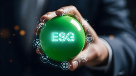 Hands holding a glowing green orb with esg letters representing environmental social governance concepts and sustainable business practicesの素材