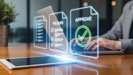 Digital interface displaying financial data and charts above a laptop in a modern office settingの素材