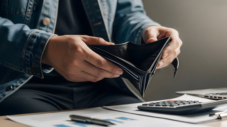Man examining an empty wallet with a calculator and pen on a desk representing financial hardshipの素材