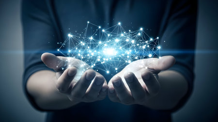 Hands gently holding a glowing network of interconnected data points representing future technology and innovationの素材