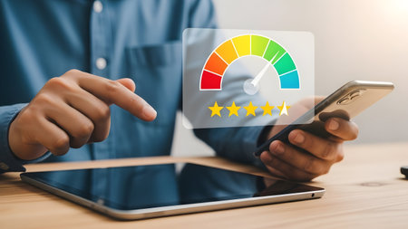 Man analyzing data visualization on a smartphone with a laptop in a modern office environmentの素材