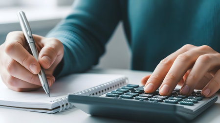 Close up of hands using a calculator and writing on a document with a penの素材