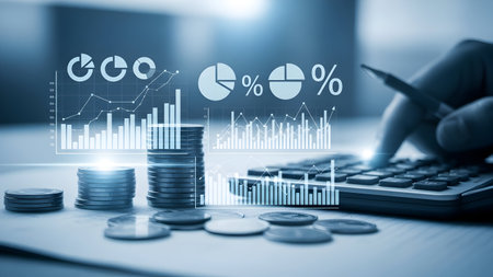 Financial data analysis with glowing charts and stacks of coins representing economic growth and investmentの素材