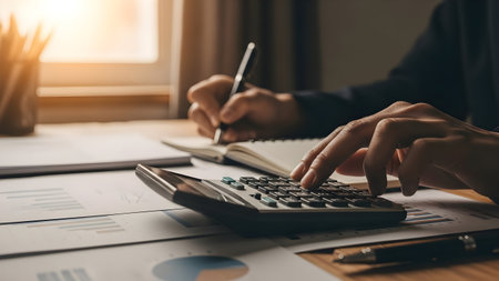 Hands calculating finances with calculator and open notebook on a bright office deskの素材