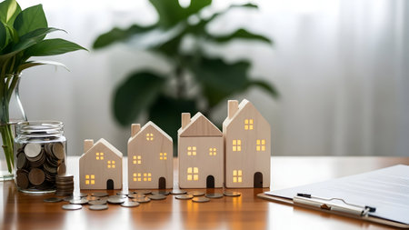 Charming wooden village houses displayed on a warm wooden surface with lush greenery nearbyの素材