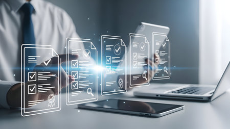 Business professional interacting with futuristic digital interface and technology including smartphones and laptopの素材