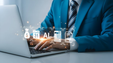 Business professional using a laptop with digital artificial intelligence network overlay for data analysis and future technologyの素材