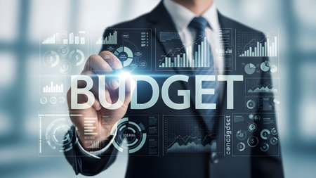 Businessperson interacting with a digital display showing the word budget and financial data analysisの素材