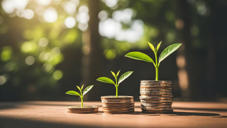 Small plant growing from stacks of coins symbolizing financial growth and investment success in natureの素材