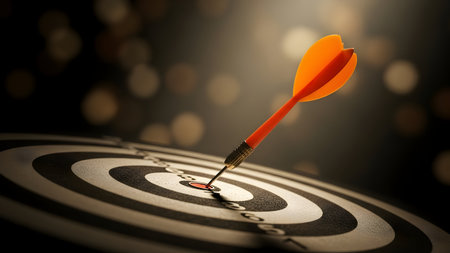 An arrow striking the center of a target with a blurred background symbolizing success and achievementの素材