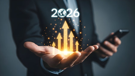 Business professional presenting a glowing upward trend graph with the year 2026 in the backgroundの素材