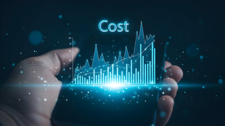 Hand holding a glowing digital cost graph over a dark technology background representing financial analysisの素材