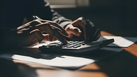 Hands typing on a laptop with papers and a notebook on a brightly lit deskの素材