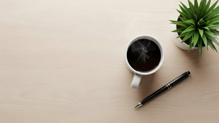 Minimalist flat lay of black coffee a succulent plant and a pen on a light beige surfaceの素材