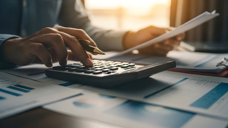 Close up of hands calculating finances with a calculator and papers during a bright sunny dayの素材