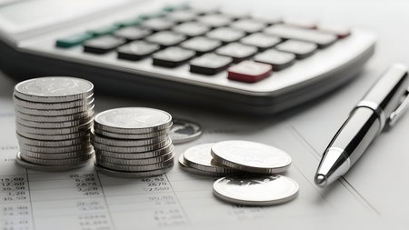 Financial planning concept with calculator coins and pen on a textured gray surfaceの素材