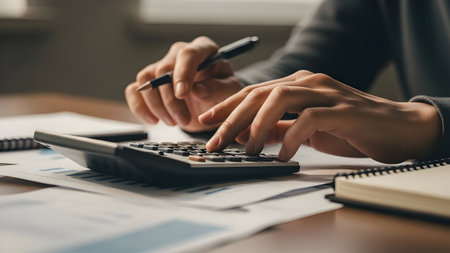Hands calculating finances with a calculator and pen over paperwork in a professional office settingの素材