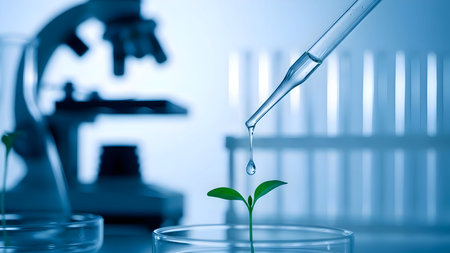 A tiny green sprout emerging from a petri dish is being analyzed with a pipette and microscopeの素材