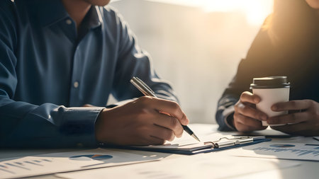 Business professionals collaborating and reviewing documents with a warm natural light illuminating the sceneの素材