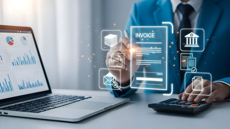 Professional analyzing financial data on laptop with digital interface and charts projecting from handsの素材