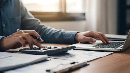 Businesswoman intently calculating finances and reviewing data on a laptop at her desk indoorsの素材