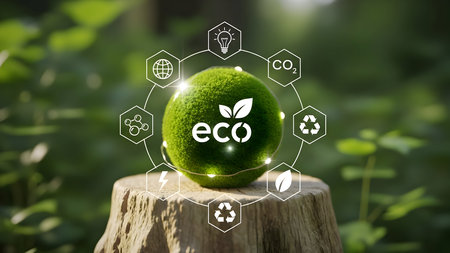 A vibrant green avocado rests on a tree stump surrounded by ecological and sustainable design elementsの素材