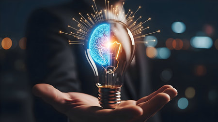 A glowing light bulb held in a hand represents innovation technology and the power of new ideasの素材