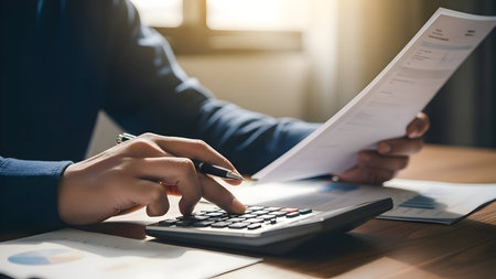 Focused businessman reviewing documents and typing on laptop at a wooden office desk during the dayの素材