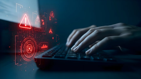 Dark and moody image of a person typing on a laptop with red digital data streamsの素材