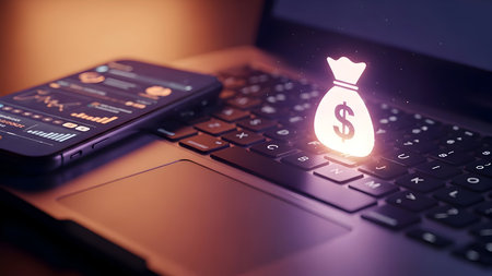 Digital finance concept with a glowing money bag hovering over a laptop and credit cardsの素材
