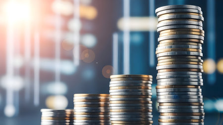 Stacks of gold coins arranged in descending order with a blurred financial district backgroundの素材